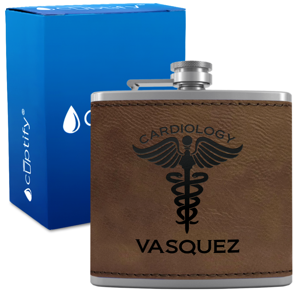 Personalized Cardiology 6oz Stainless Steel Leather Hip Flask