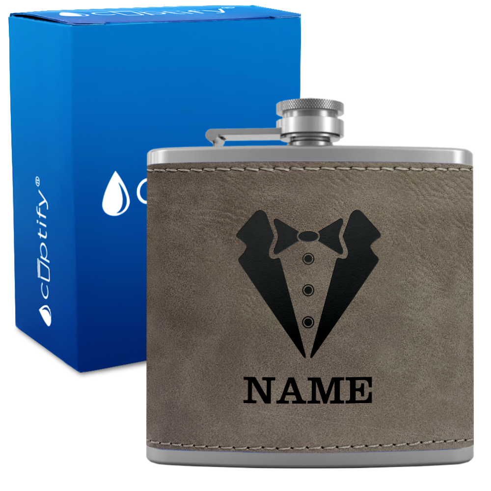Personalized Suit Bow Tie Groomsmen 6 oz Stainless Steel Leather Hip Flask