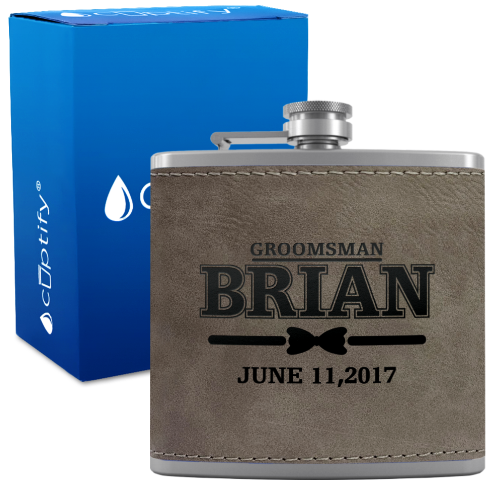 Personalized Dated Bow Tie Groosmen 6 oz Stainless Steel Leather Hip Flask