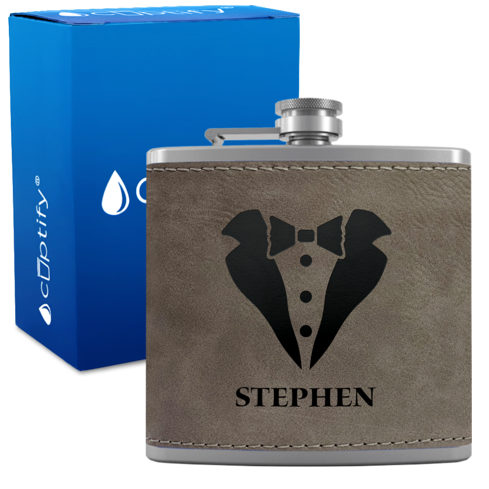 Personalized Tux Groomsmen 6 oz Stainless Steel Leather Hip Flask