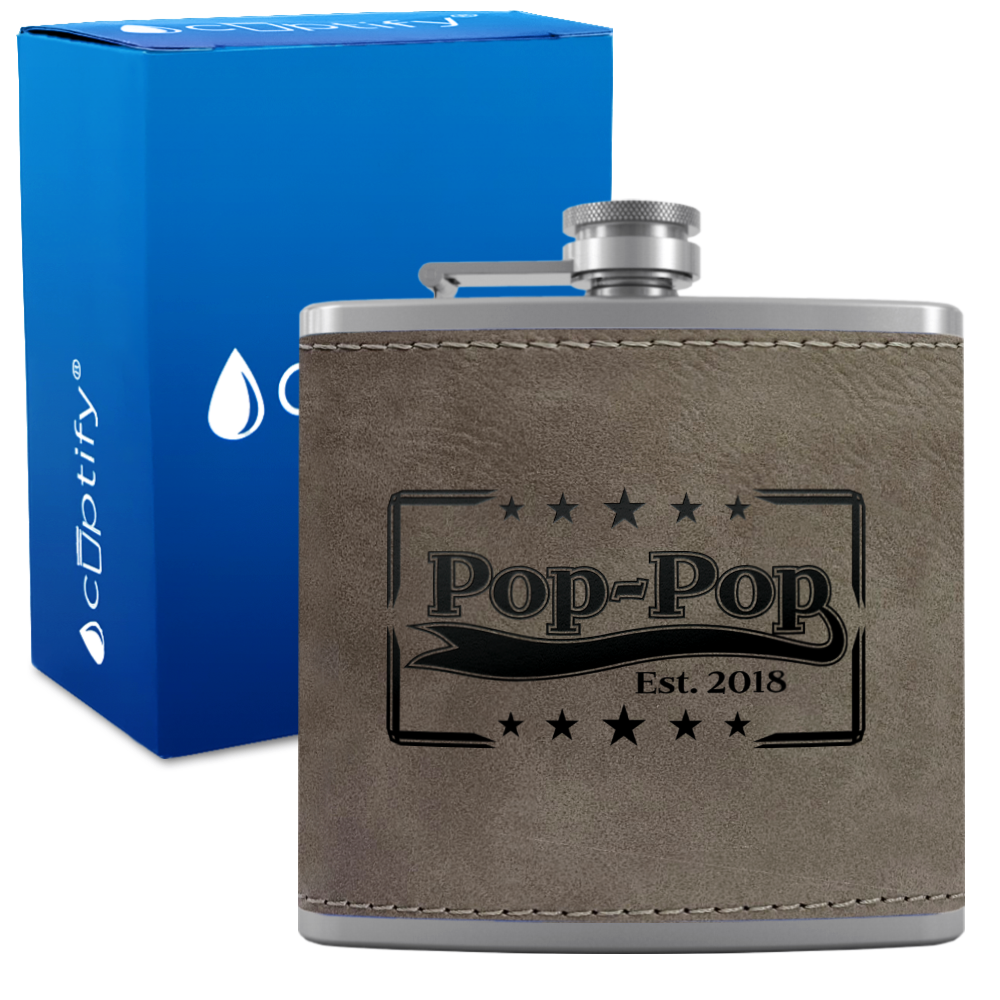 Pop-Pop Est 6 oz Stainless Steel Leather Hip Flask