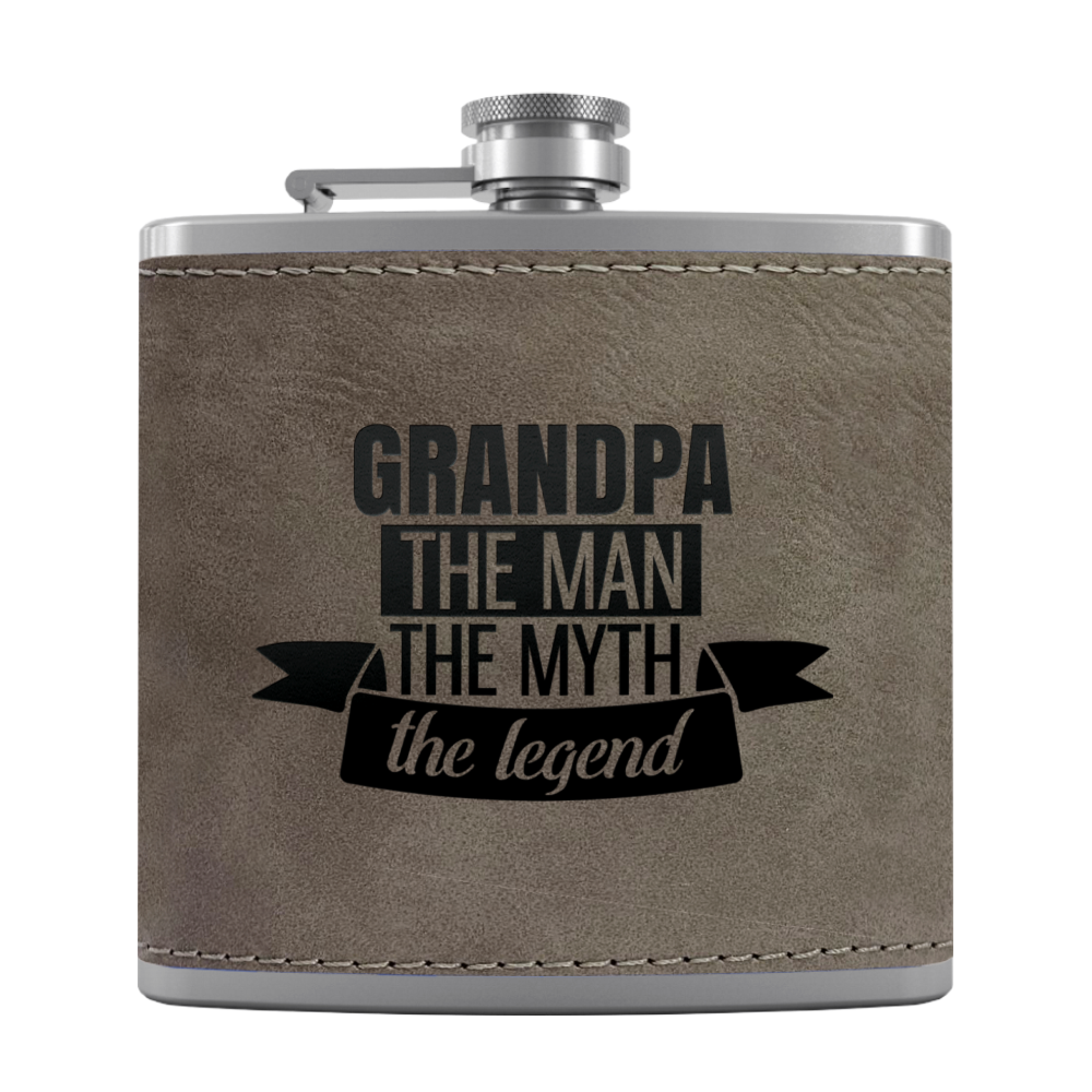 Grandpa The Man 6 oz Stainless Steel Leather Hip Flask