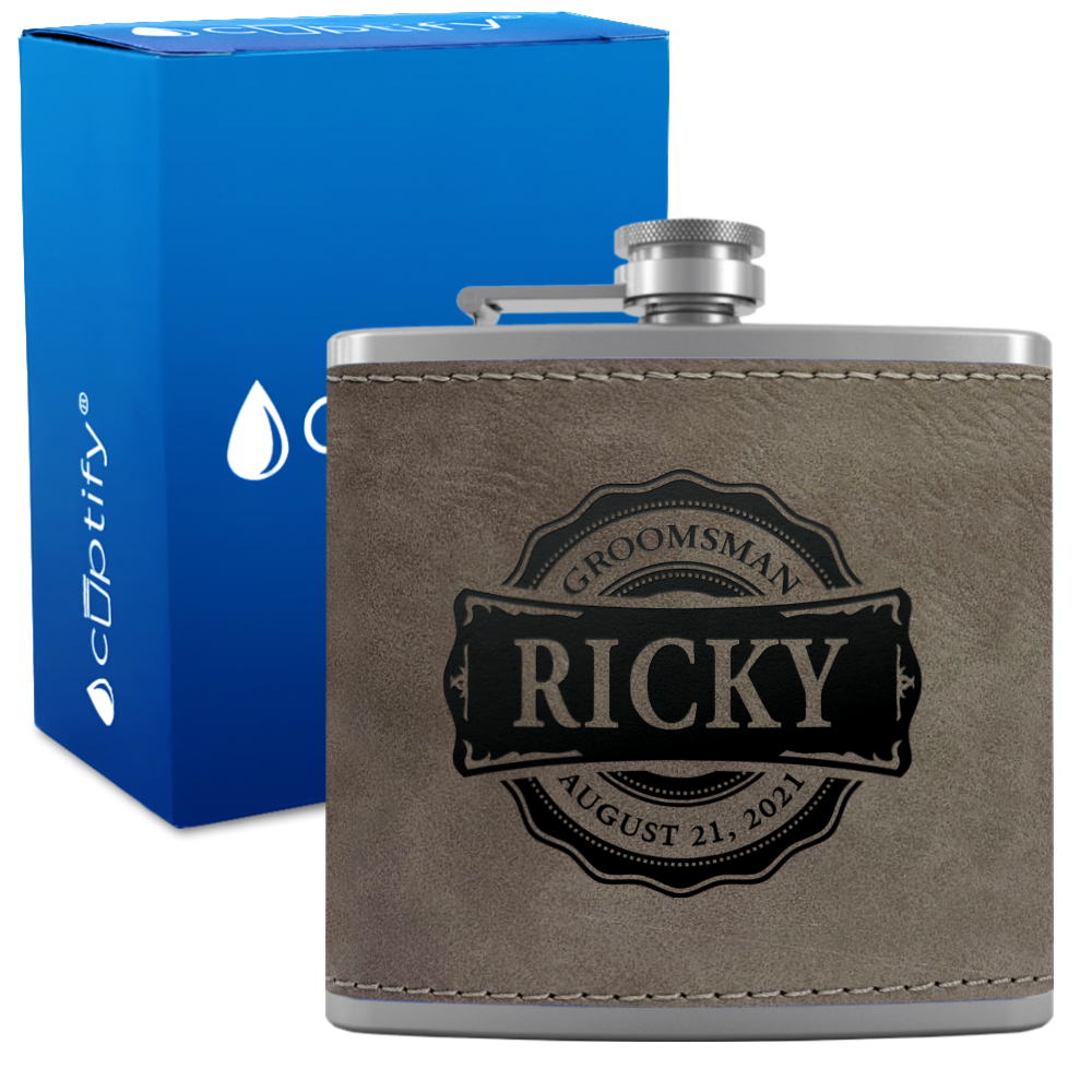 Personalized Groomsman Circle 6 oz Stainless Steel Leather Hip Flask