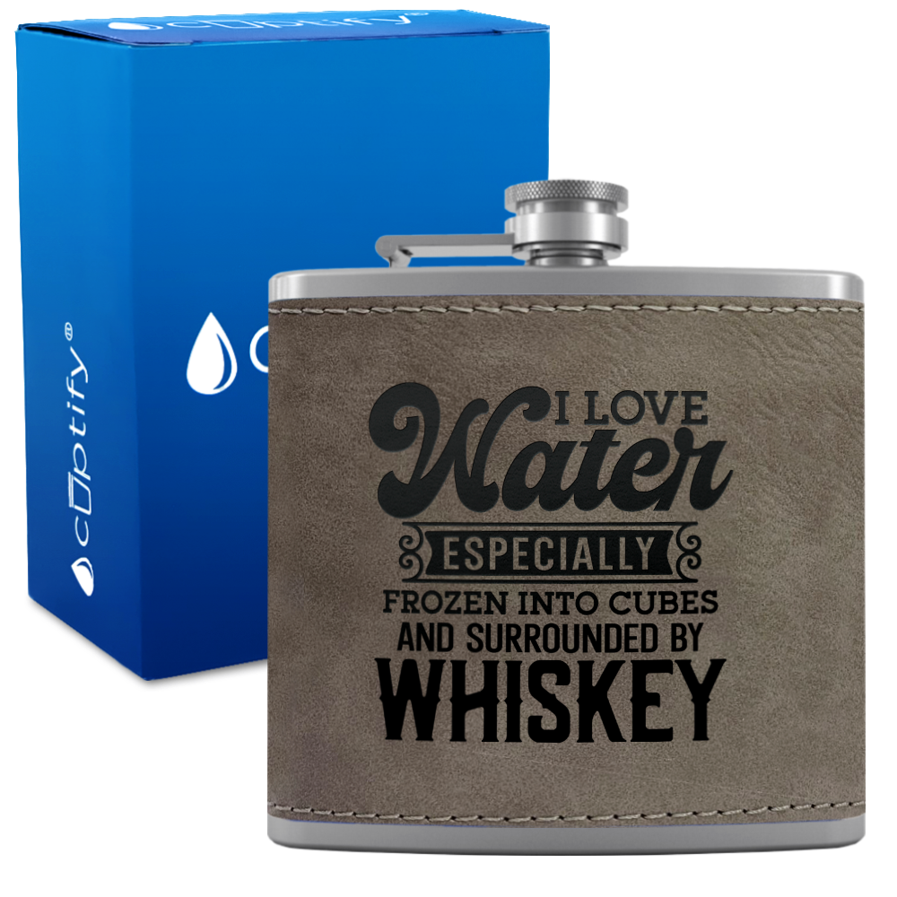 I Love Water 6 oz Stainless Steel Leather Hip Flask