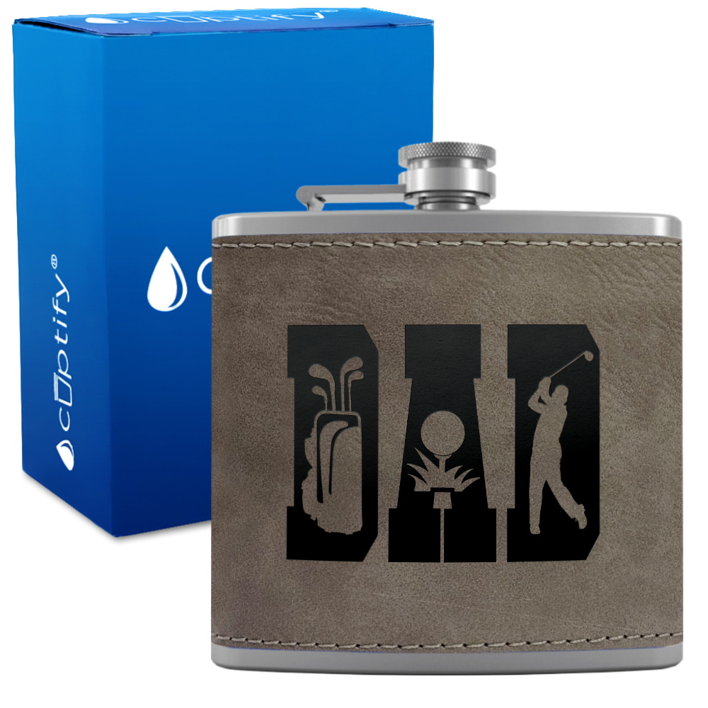 Golf Dad Silhouette 6oz Stainless Steel Leather Hip Flask