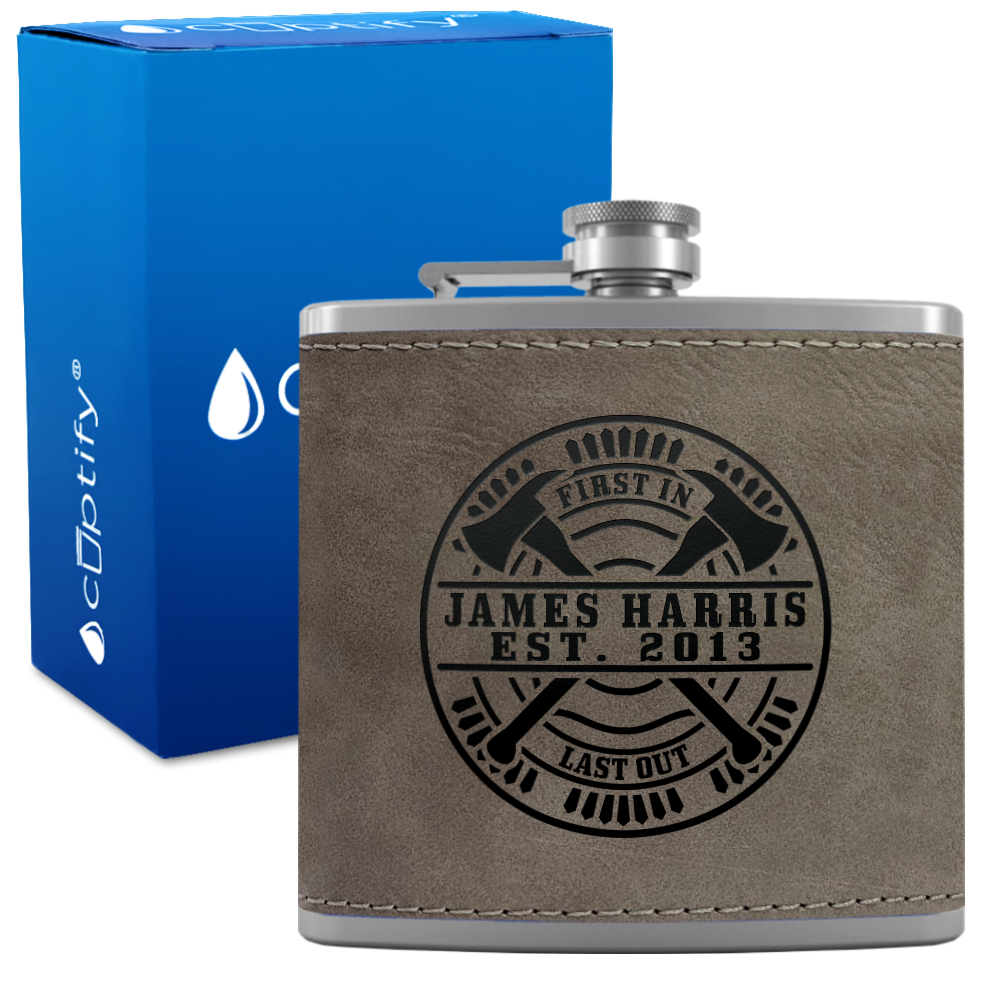Personalized Firefighter Name and Established Year 6oz Stainless Steel Leather Hip Flask