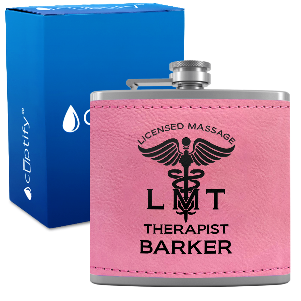 Personalized LMT Licensed Massage Therapist 6oz Stainless Steel Leather Hip Flask
