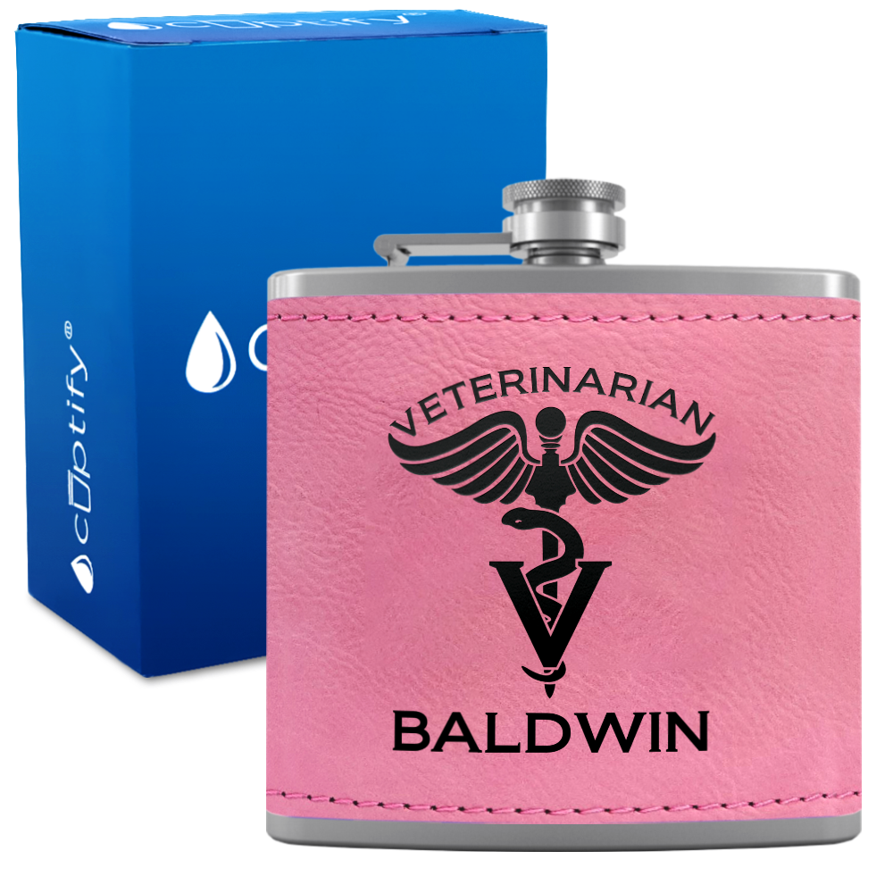 Personalized Veterinarian 6oz Stainless Steel Leather Hip Flask