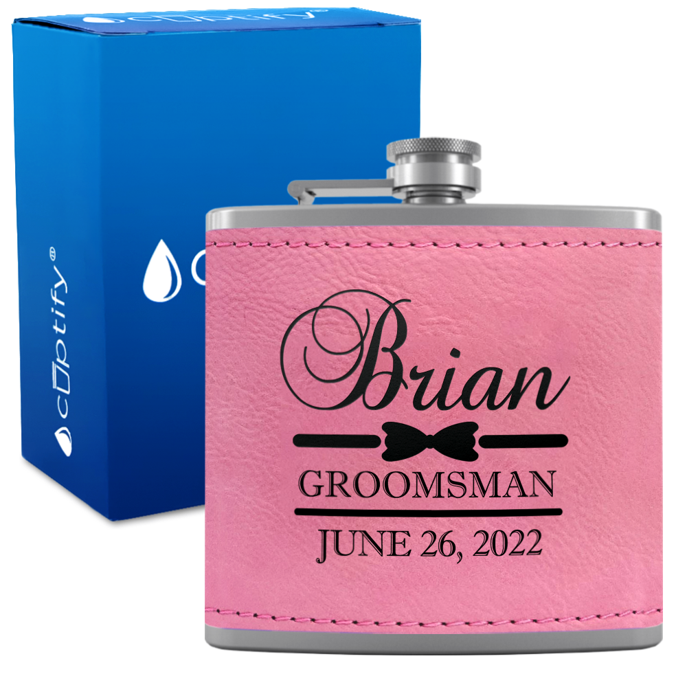 Personalized Groomsman Classy Bow Tie 6 oz Stainless Steel Leather Hip Flask