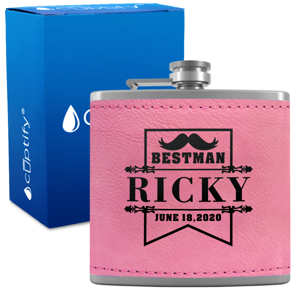 Personalized Groomsman Banner 6 oz Stainless Steel Leather Hip Flask