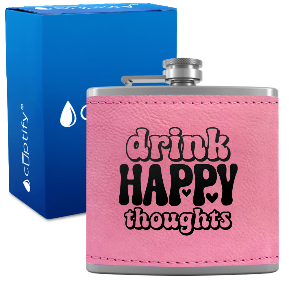 Drink Happy Thoughts Hearts 6 oz Stainless Steel Leather Hip Flask