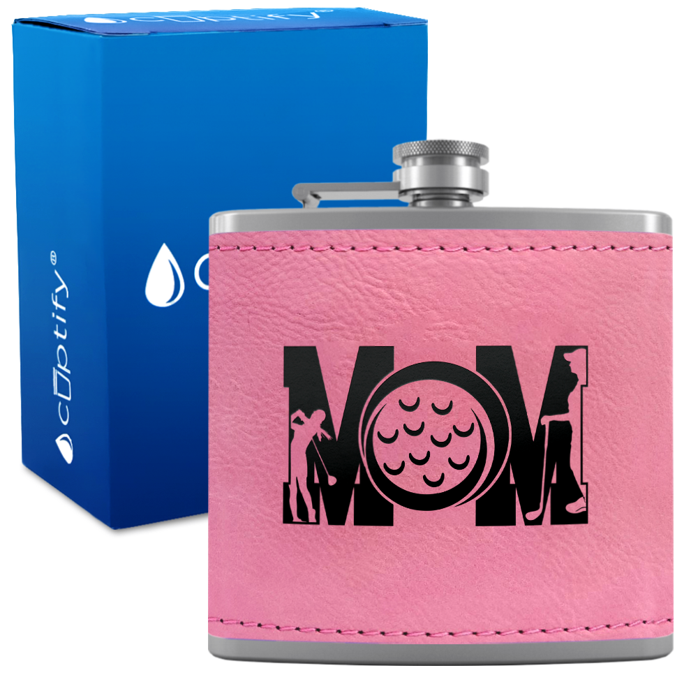 Golf Mom Silhouette 6oz Stainless Steel Leather Hip Flask