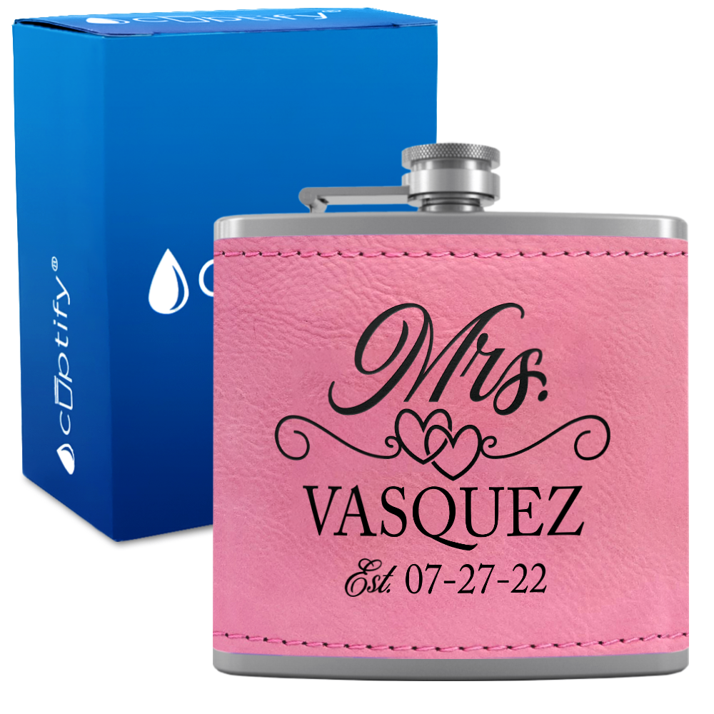 Personalized Mrs. with date 6oz Stainless Steel Leather Hip Flask