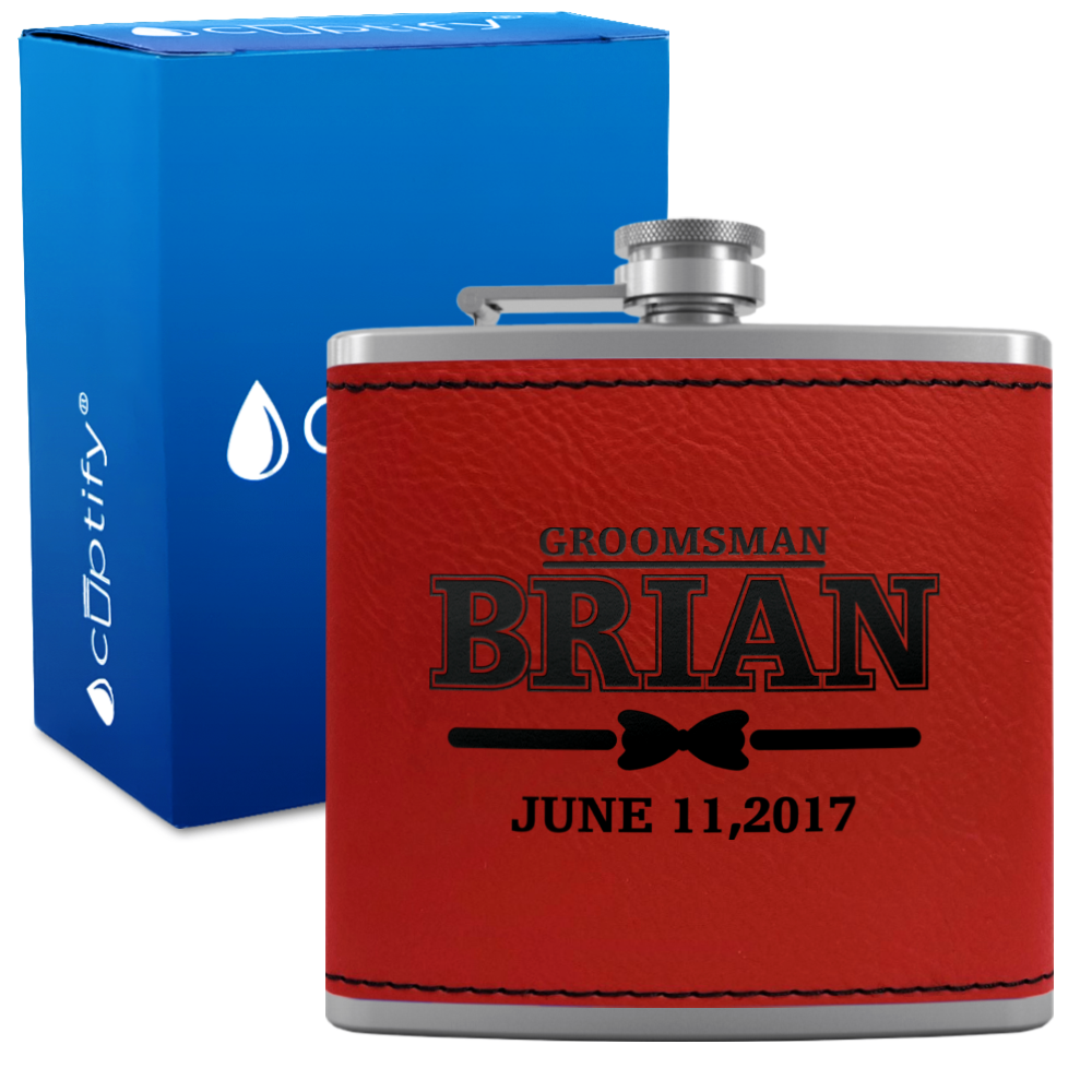 Personalized Dated Bow Tie Groosmen 6 oz Stainless Steel Leather Hip Flask