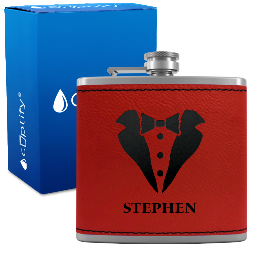 Personalized Tux Groomsmen 6 oz Stainless Steel Leather Hip Flask