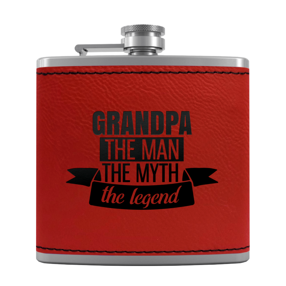 Grandpa The Man 6 oz Stainless Steel Leather Hip Flask