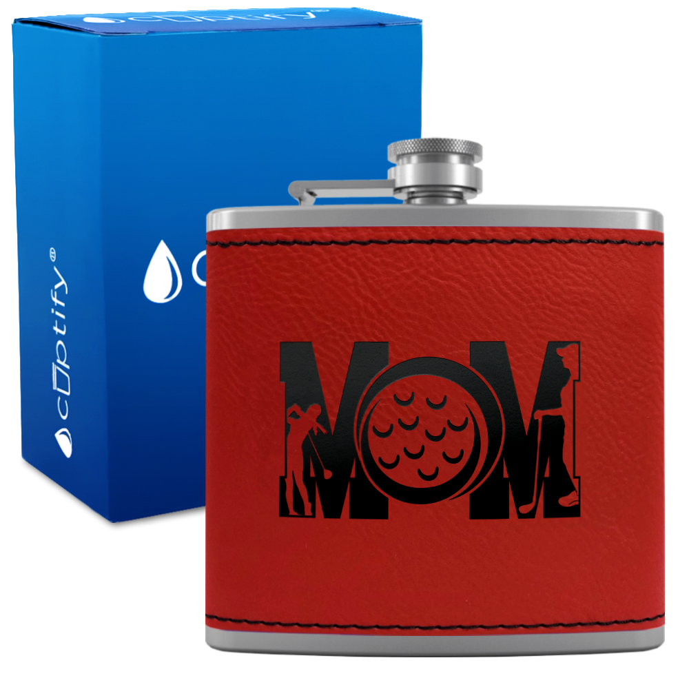 Golf Mom Silhouette 6oz Stainless Steel Leather Hip Flask