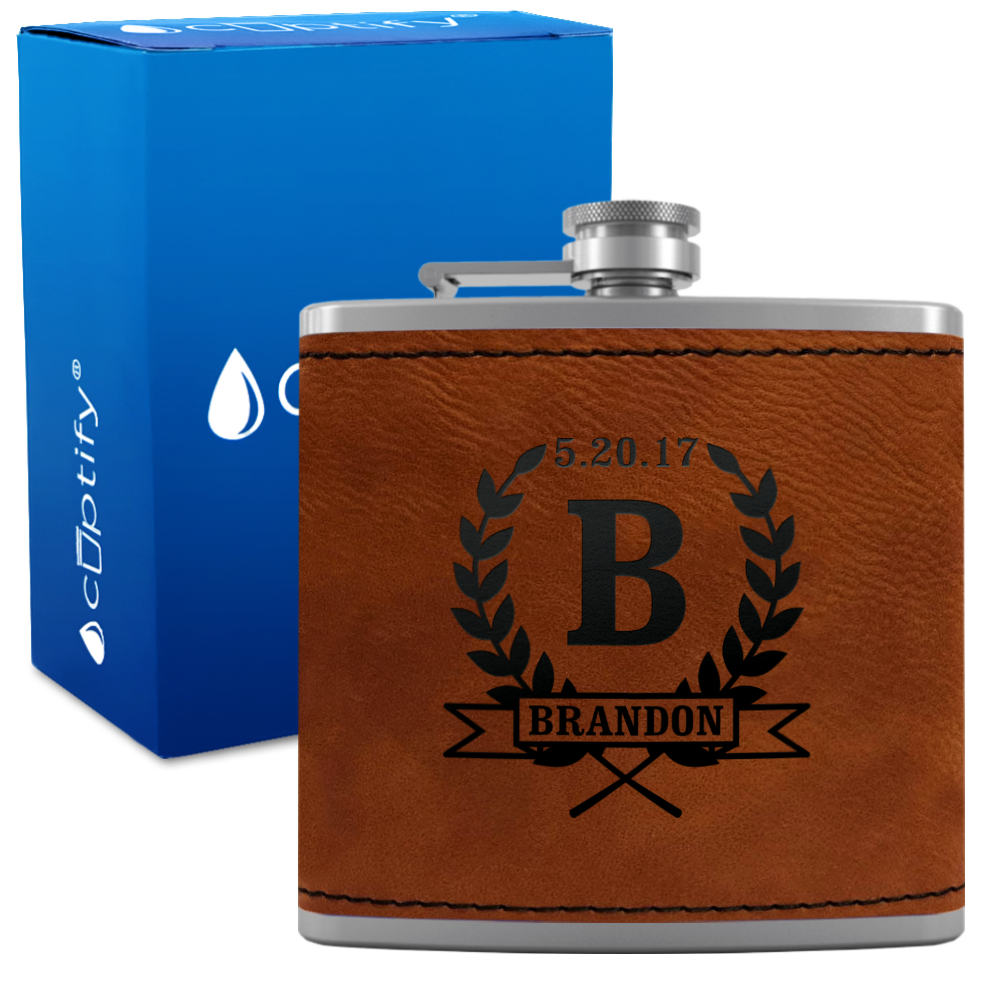 Personalized Groomsmen 6 oz Stainless Steel Leather Hip Flask