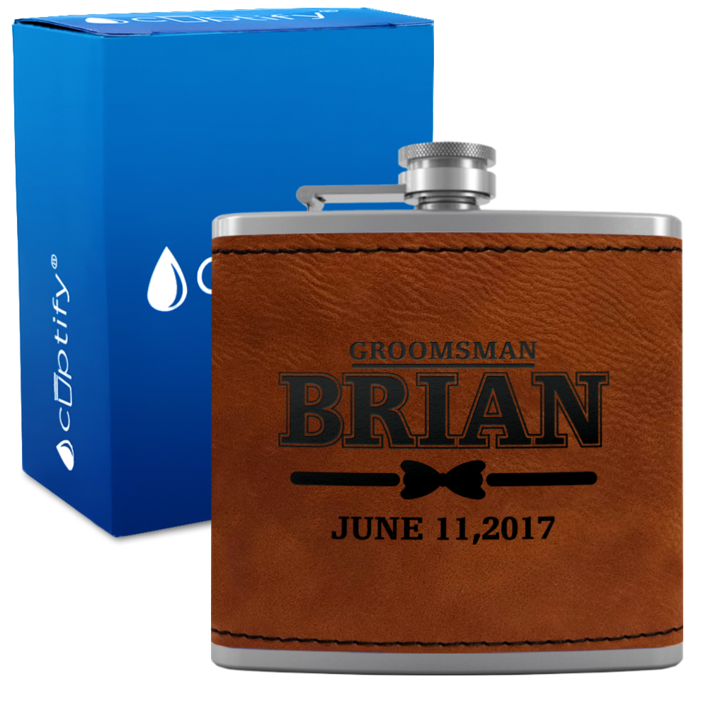 Personalized Dated Bow Tie Groosmen 6 oz Stainless Steel Leather Hip Flask