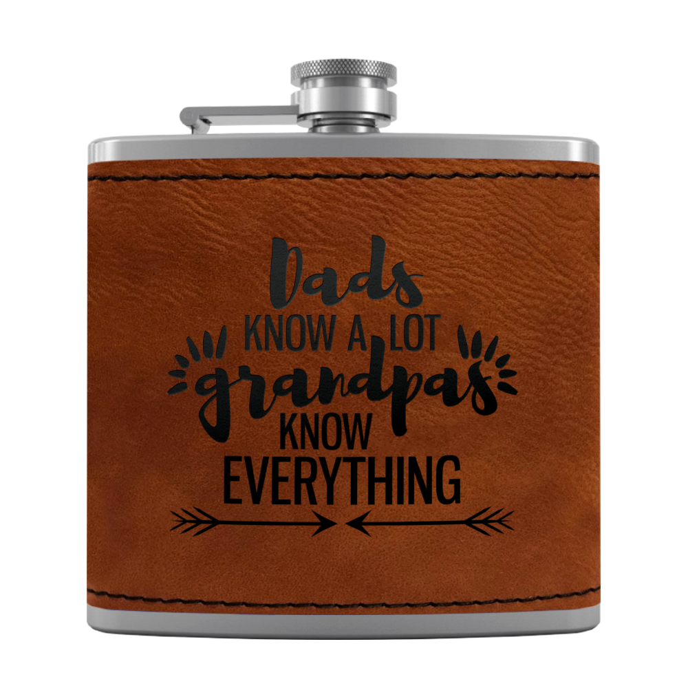 Grandpa Knows 6 oz Stainless Steel Leather Hip Flask