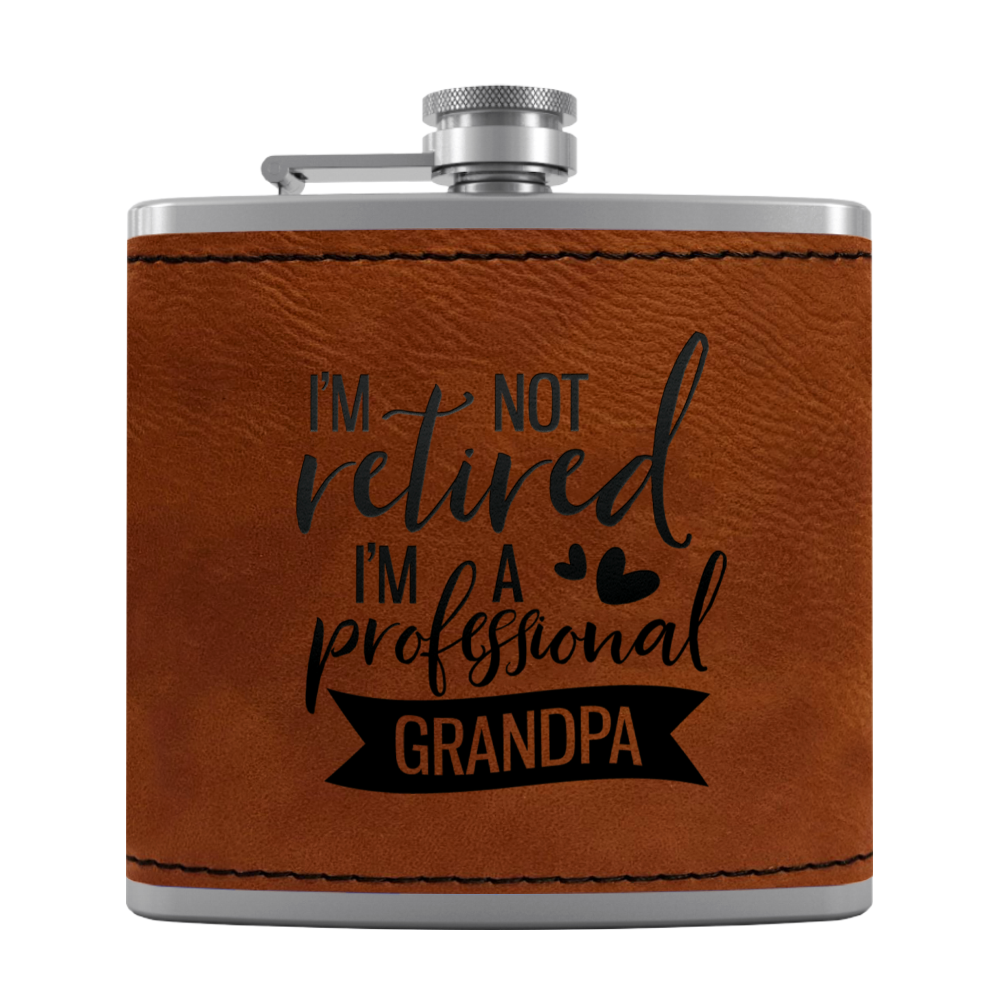 Professional Grandpa 6 oz Stainless Steel Leather Hip Flask