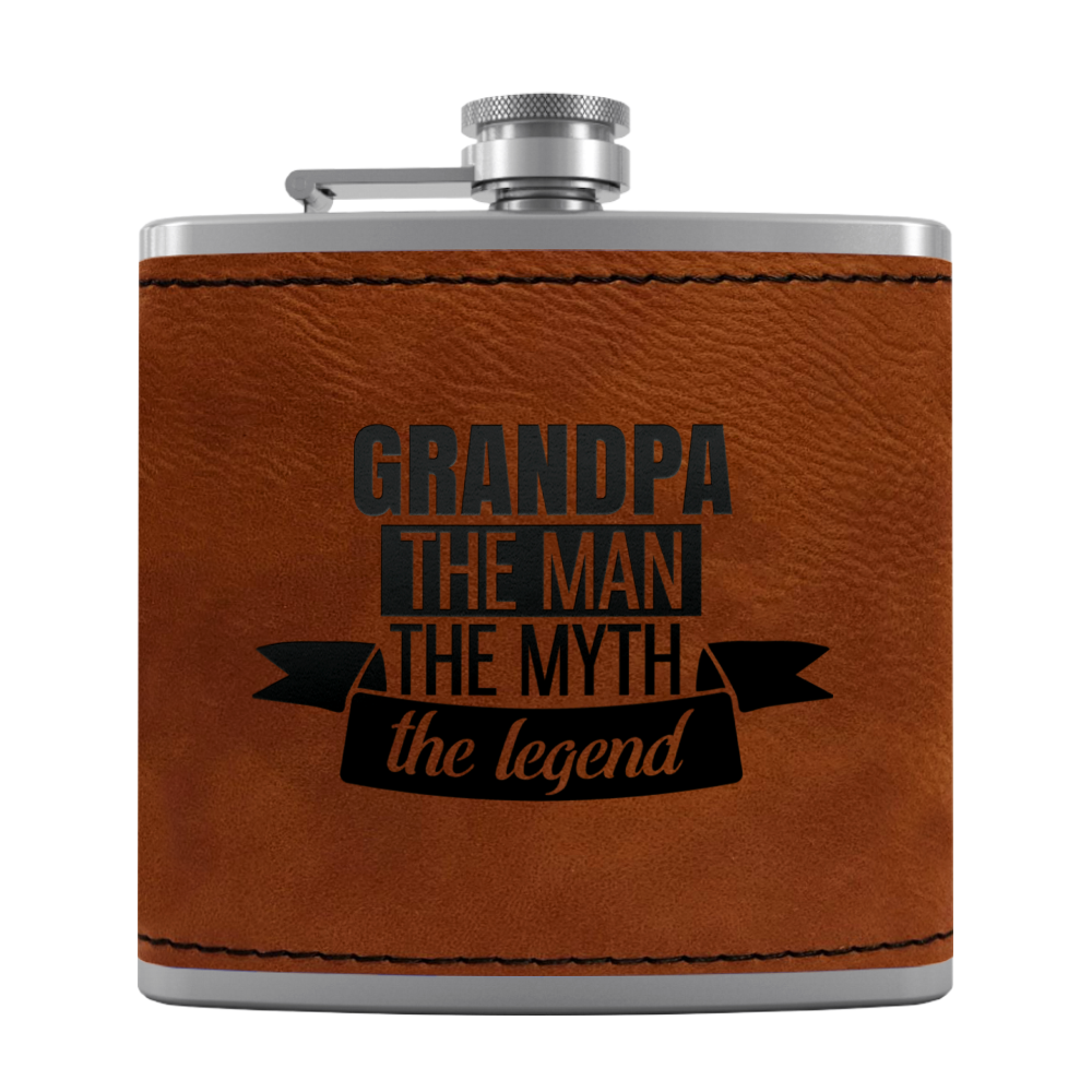 Grandpa The Man 6 oz Stainless Steel Leather Hip Flask