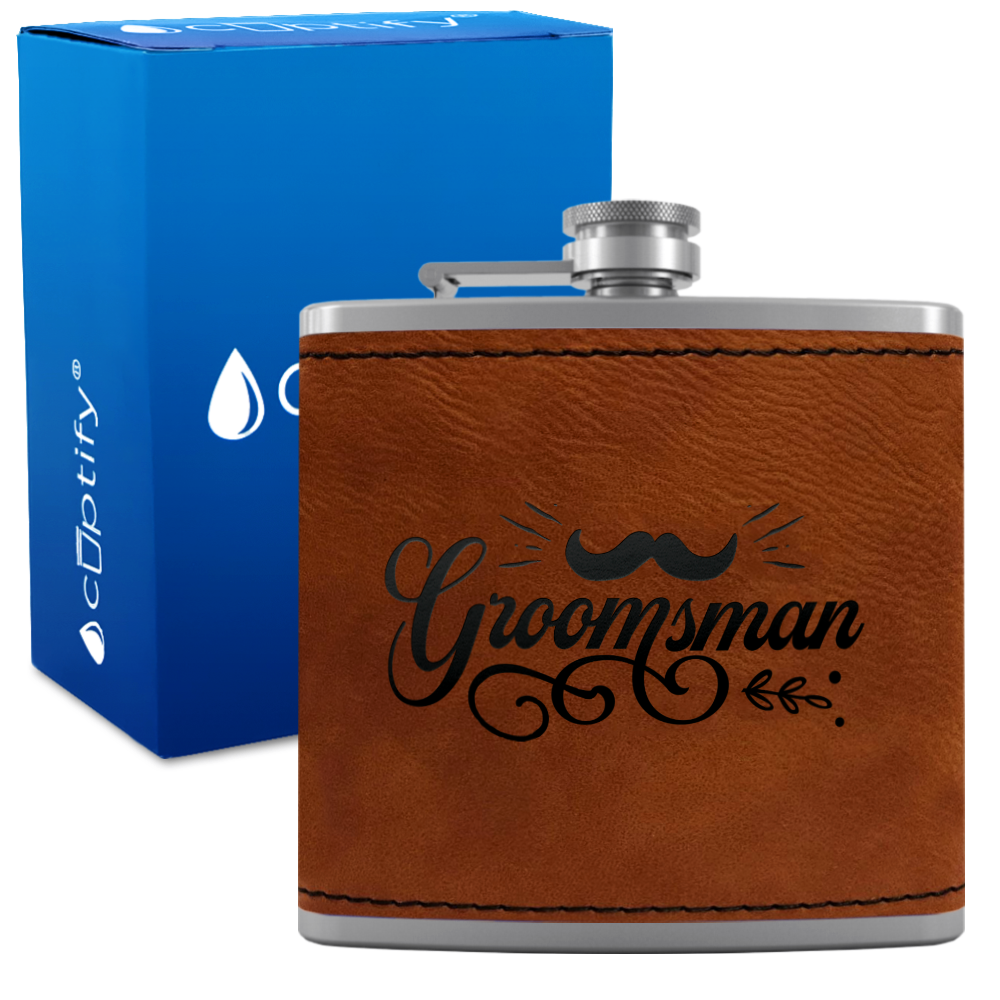 Groomsman Groovy 6 oz Stainless Steel Leather Hip Flask