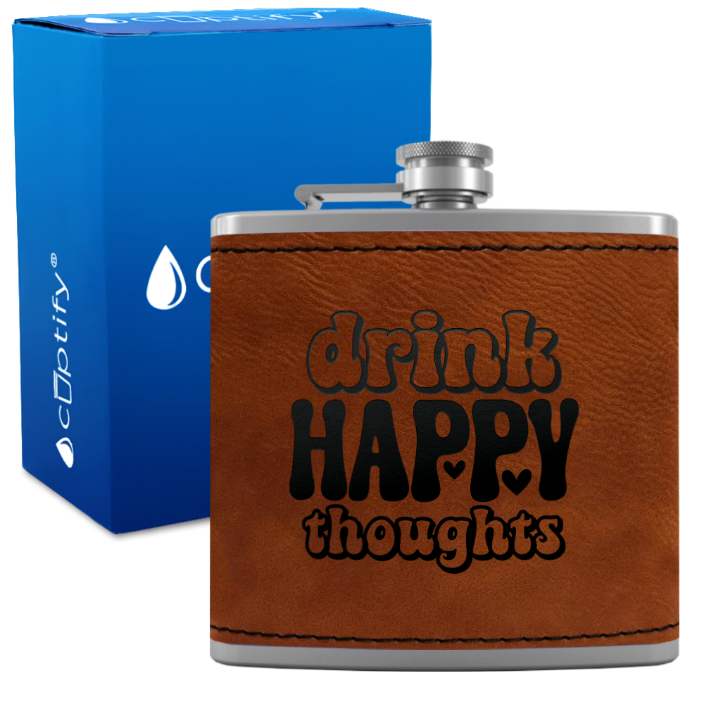 Drink Happy Thoughts Hearts 6 oz Stainless Steel Leather Hip Flask