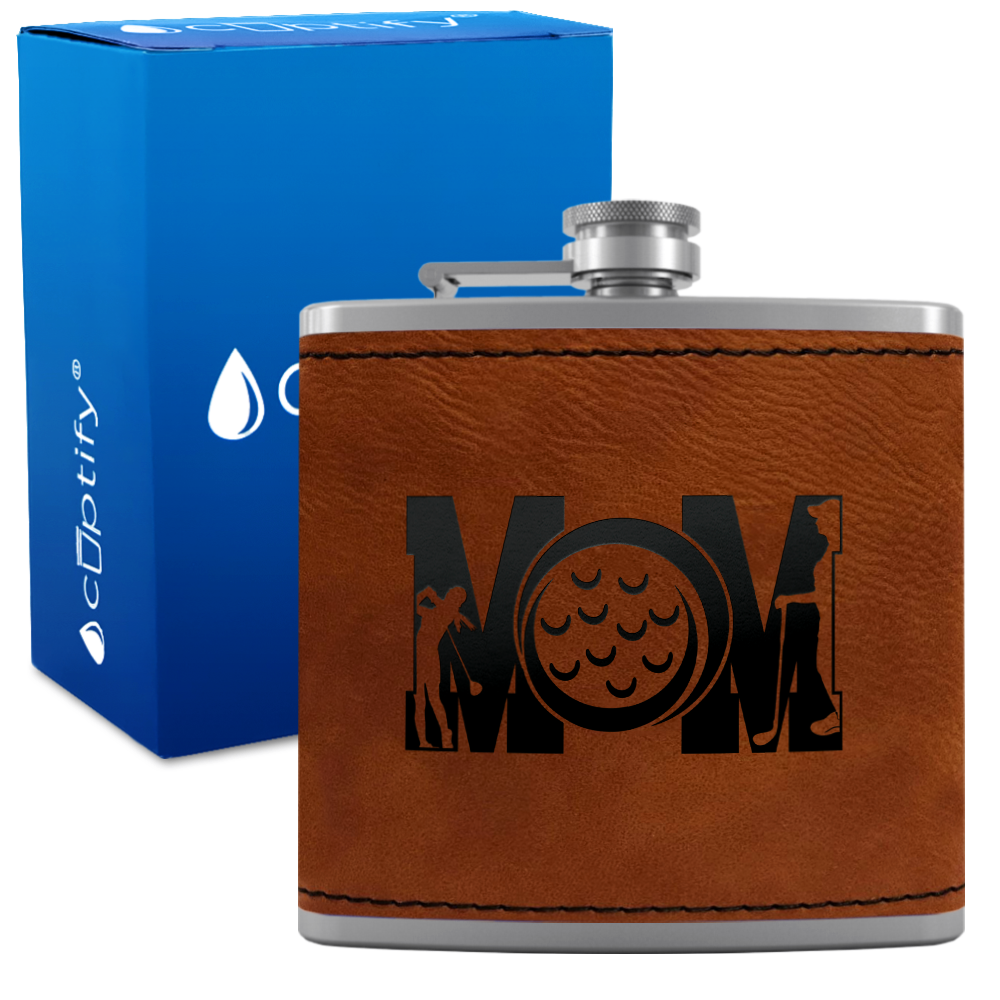 Golf Mom Silhouette 6oz Stainless Steel Leather Hip Flask