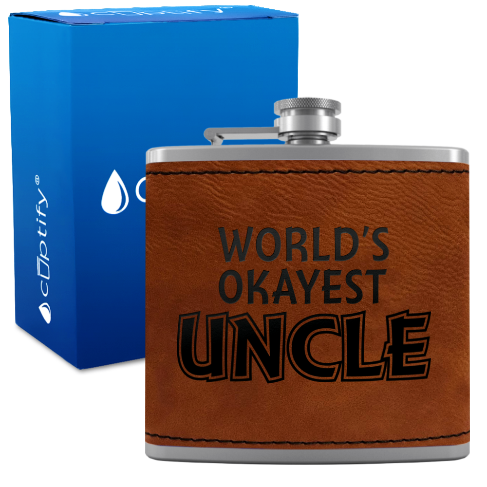 World's Okayest Uncle 6oz Stainless Steel Leather Hip Flask