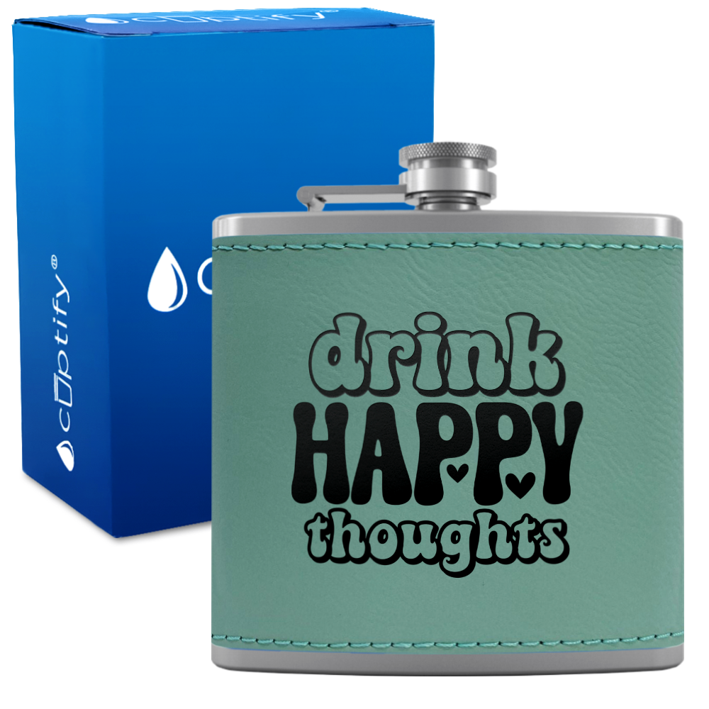 Drink Happy Thoughts Hearts 6 oz Stainless Steel Leather Hip Flask