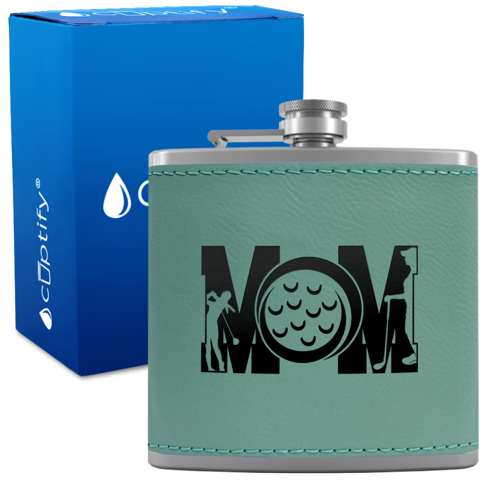Golf Mom Silhouette 6oz Stainless Steel Leather Hip Flask