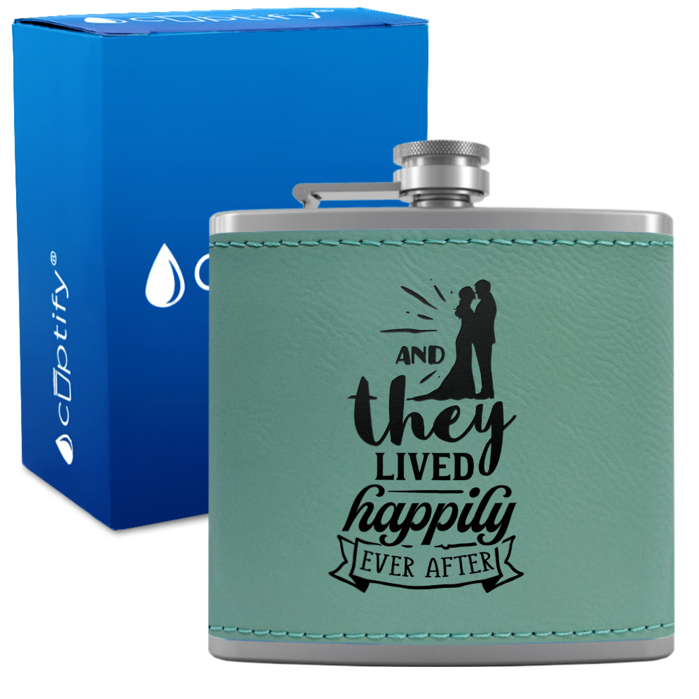 And They Lived Happily 6 oz Stainless Steel Leather Hip Flask
