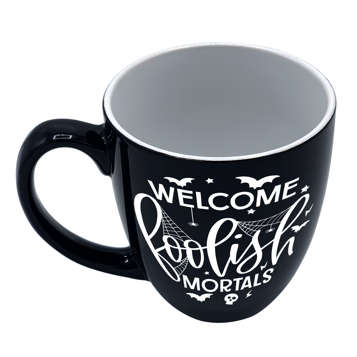 Welcome Foolish Mortals on Black 16oz Halloween Bistro Coffee Mug