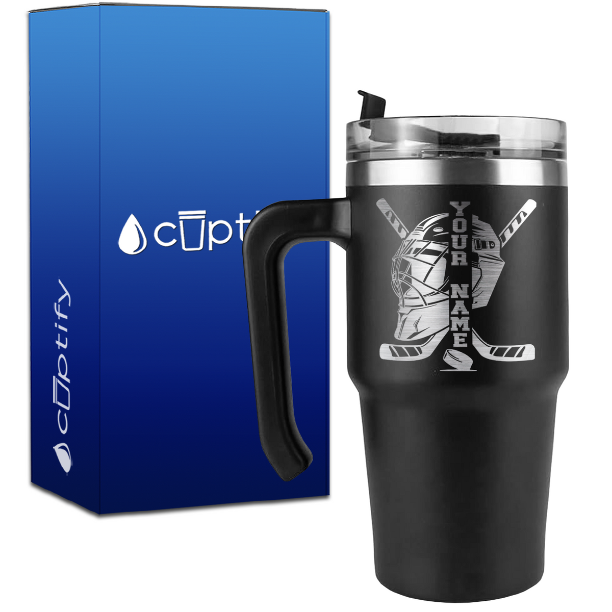 Personalized Hockey Goalie Helmet and Sticks on 20oz Hockey Travel Mug