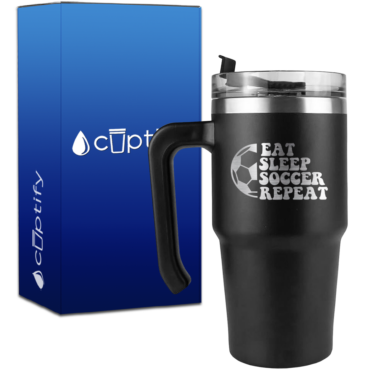 Eat Sleep Soccer Repeat Soccer Ball on 20oz Soccer Travel Mug