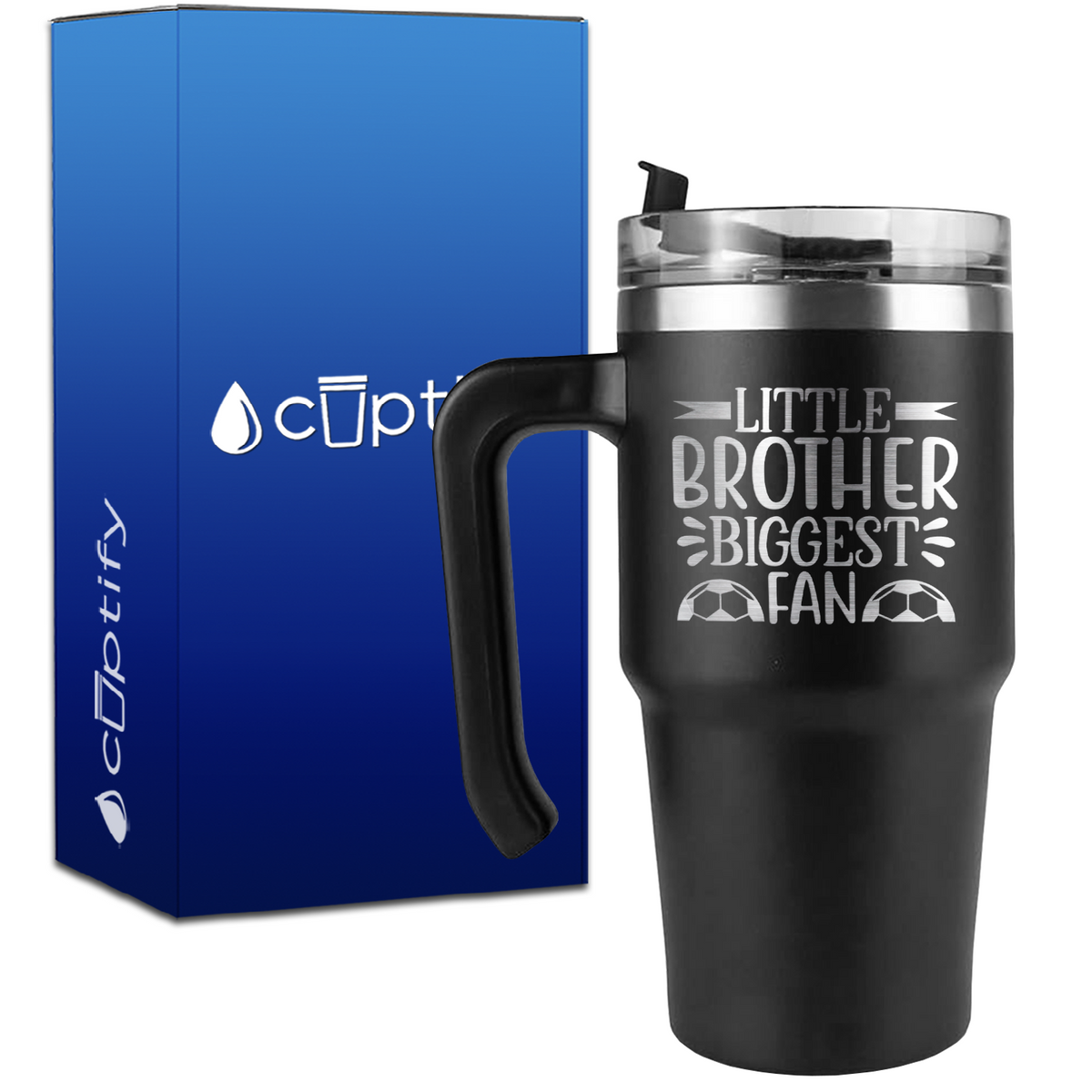 Little Brother Biggest Fan Soccer on 20oz Soccer Travel Mug