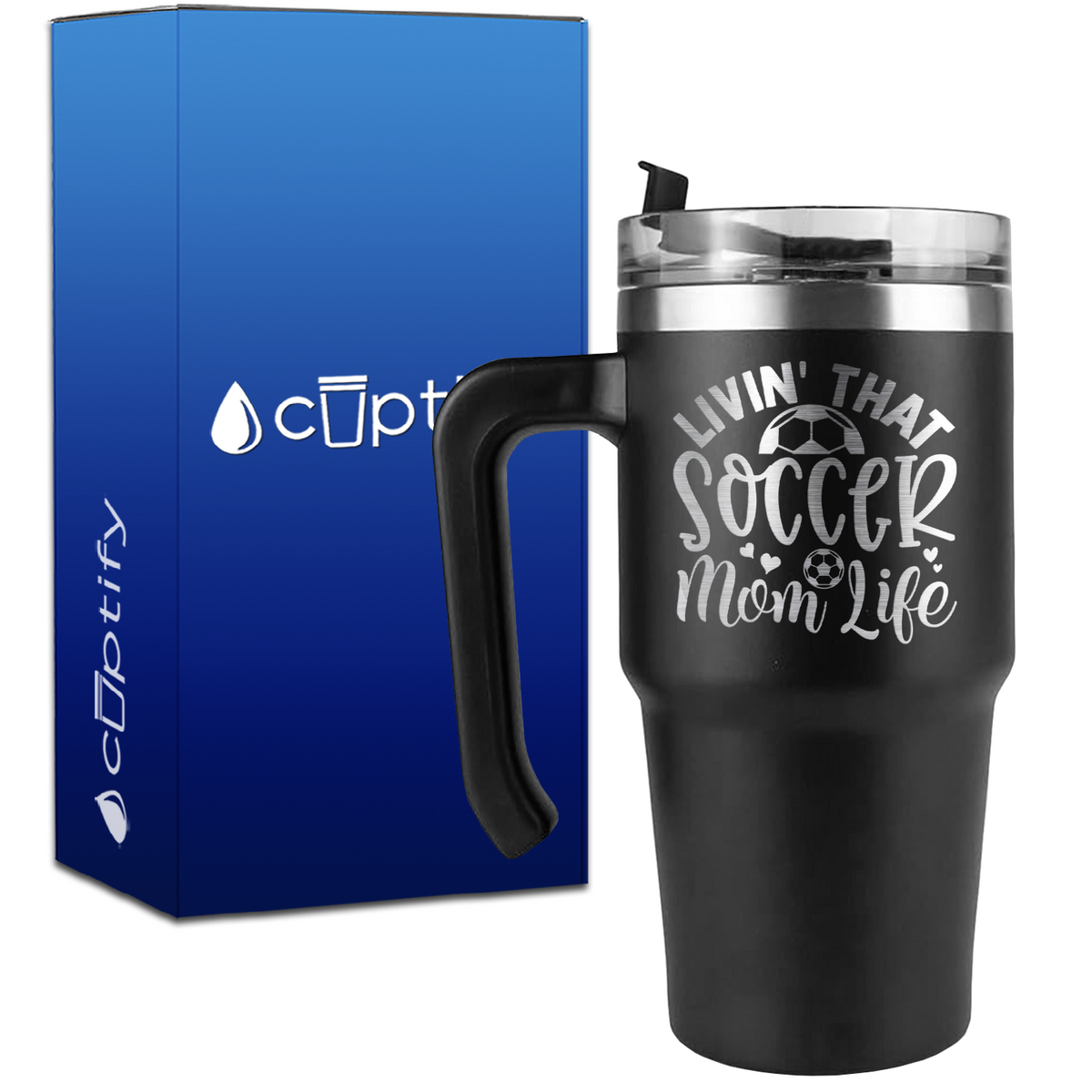 Livin' that Soccer Mom Life Hearts and Ball on 20oz Soccer Travel Mug