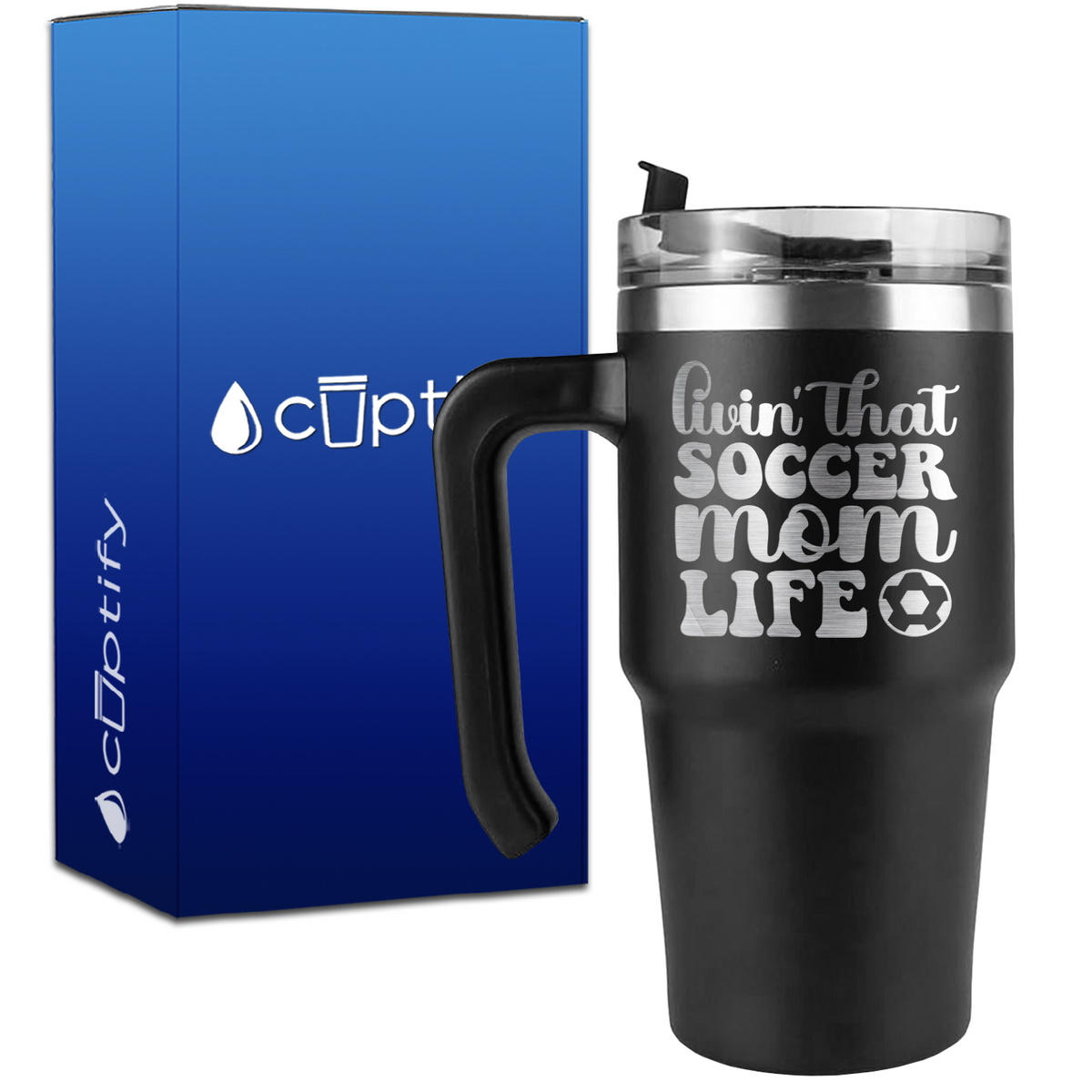 Livin' that Soccer Mom Life with Soccer Ball on 20oz Soccer Travel Mug