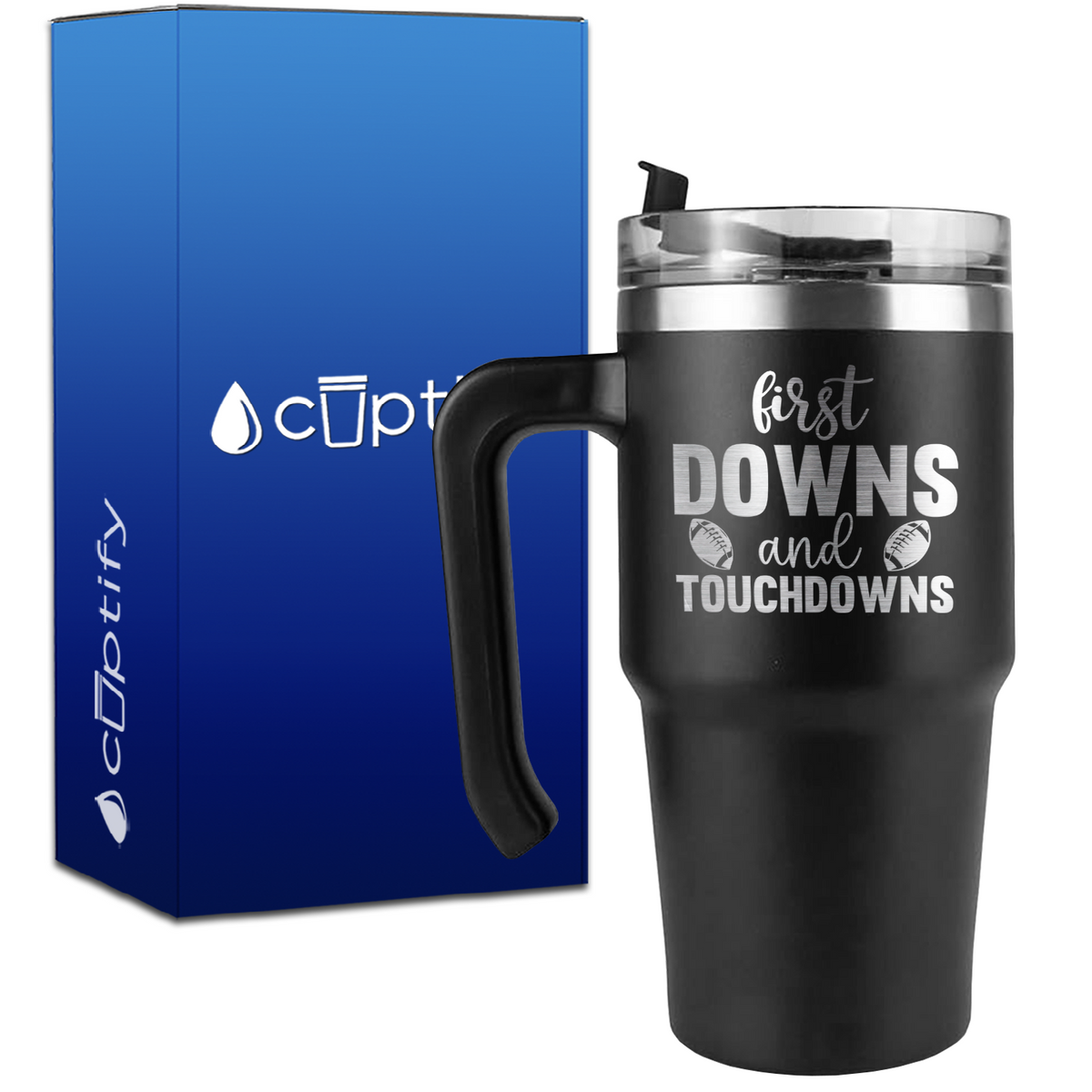 First Downs and Touchdowns on 20oz Football Travel Mug