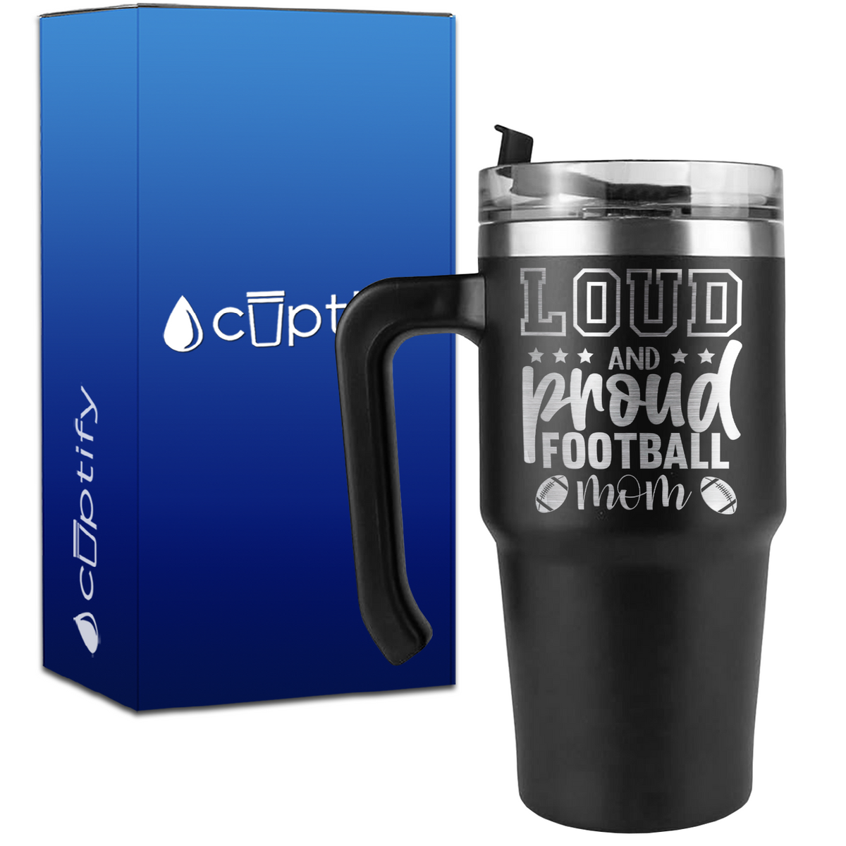 Loud and Proud Football Mom on 20oz Football Travel Mug