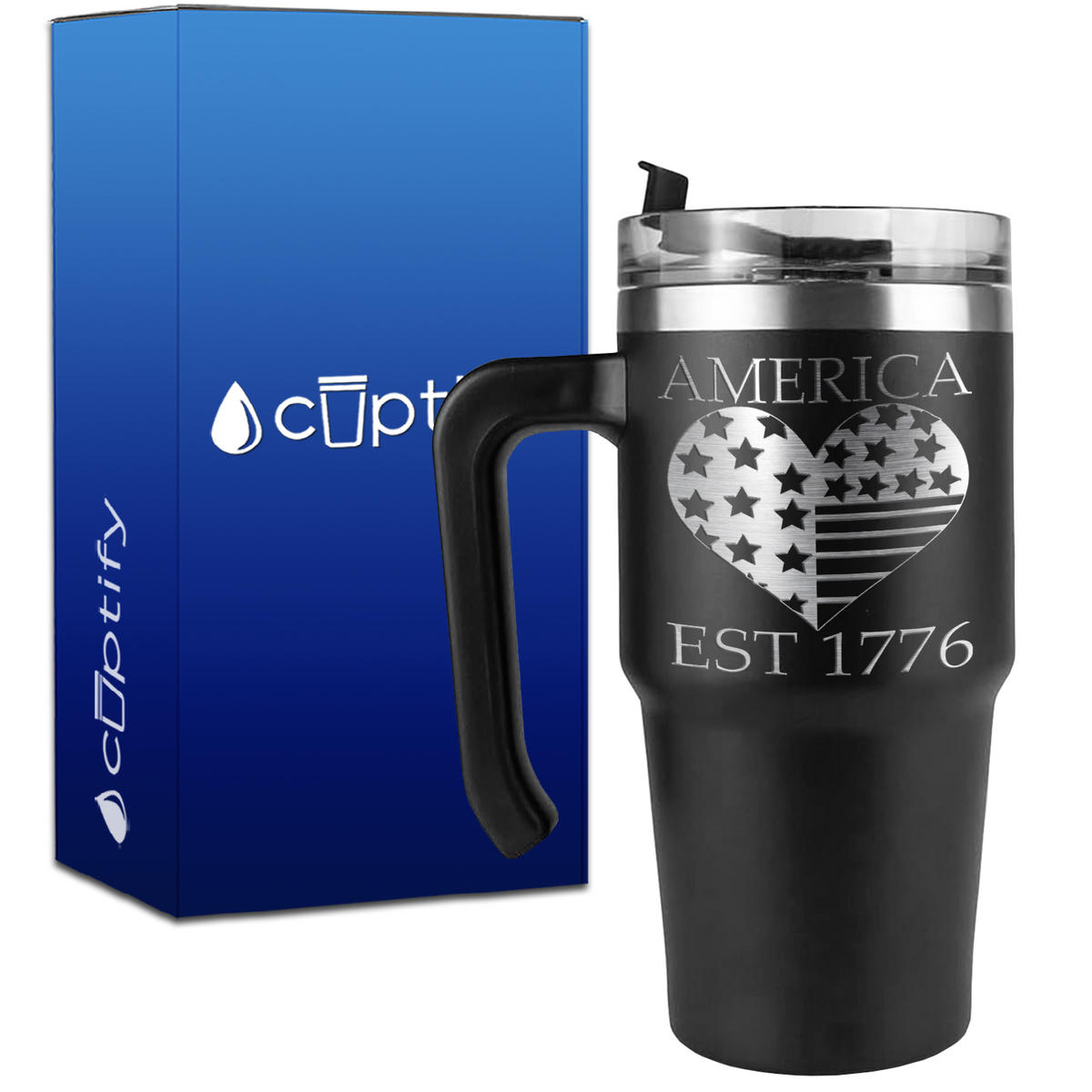 America Est 1776 Heart on 20oz 4th of July Travel Mug
