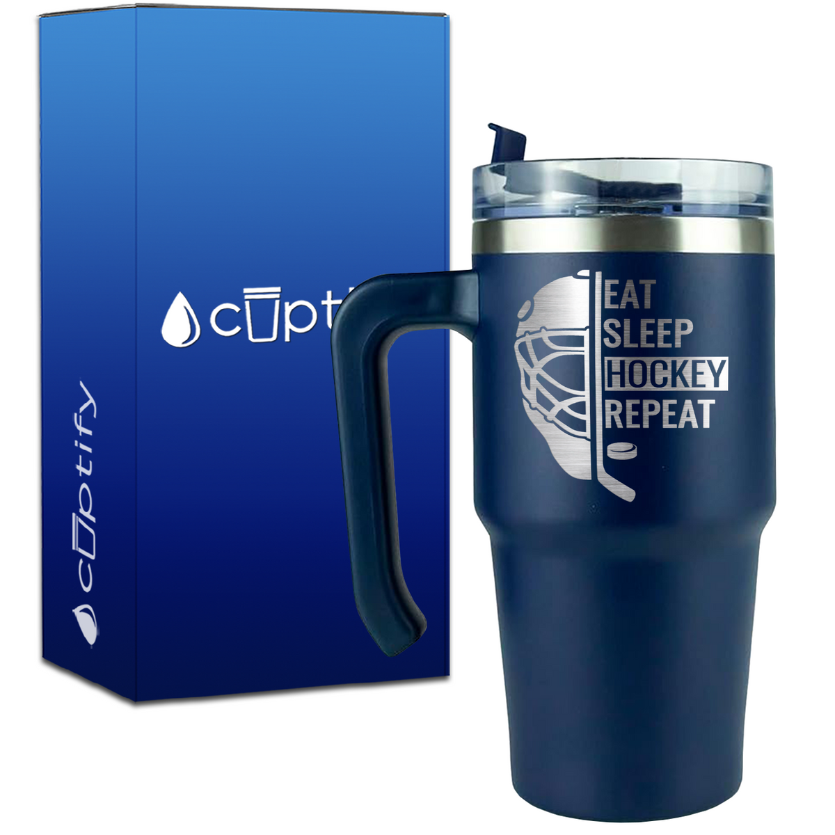 Eat. Sleep. Hockey. Repeat. Helmet on 20oz Hockey Travel Mug