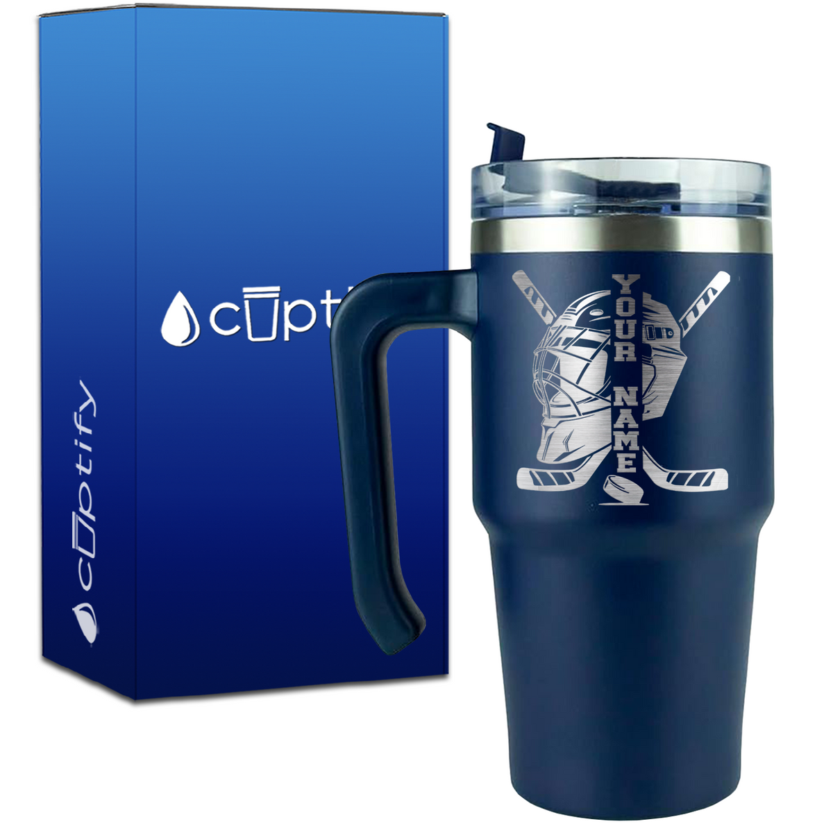Personalized Hockey Goalie Helmet and Sticks on 20oz Hockey Travel Mug
