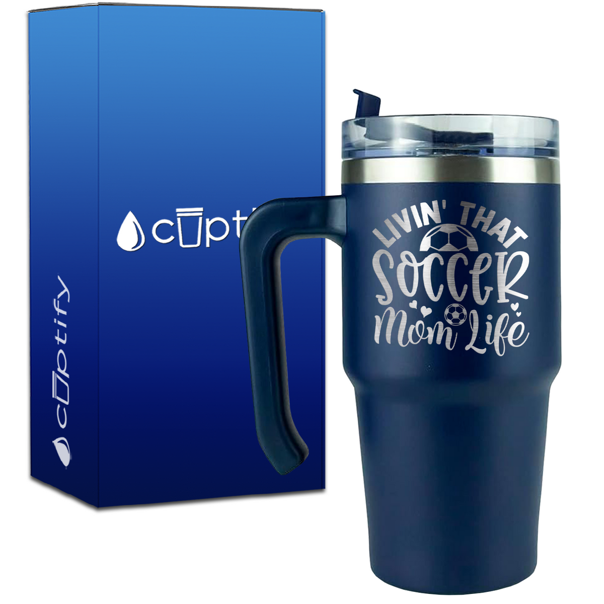 Livin' that Soccer Mom Life Hearts and Ball on 20oz Soccer Travel Mug