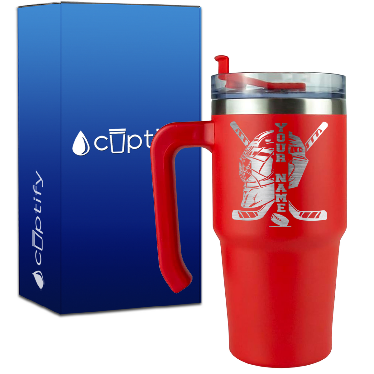 Personalized Hockey Goalie Helmet and Sticks on 20oz Hockey Travel Mug