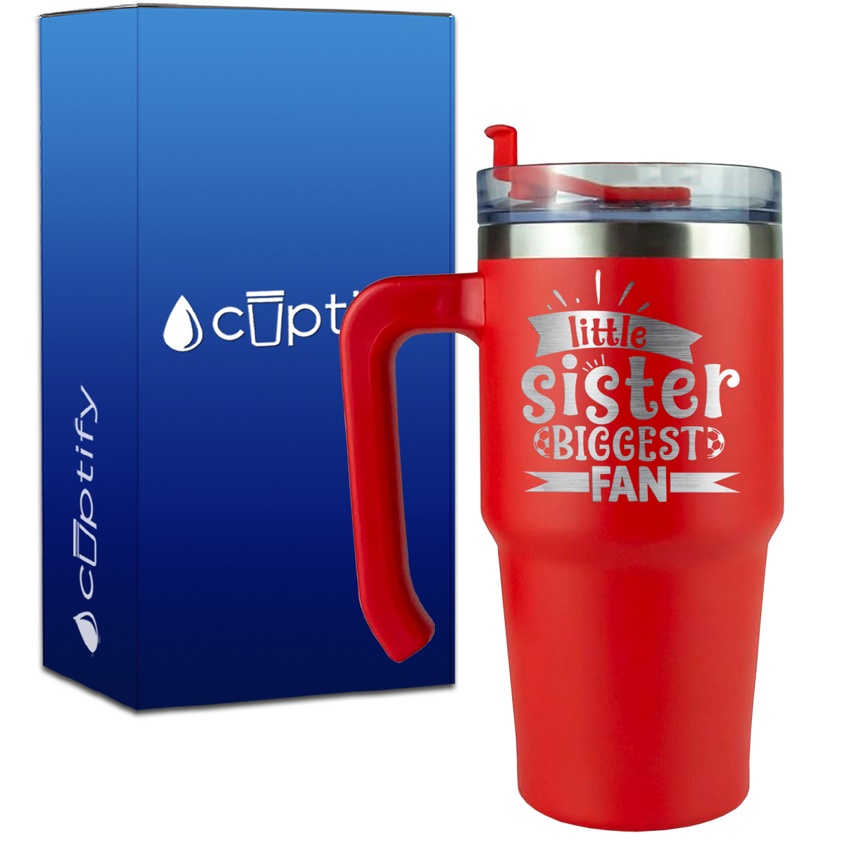 Little Sister Biggest Fan Soccer on 20oz Soccer Travel Mug