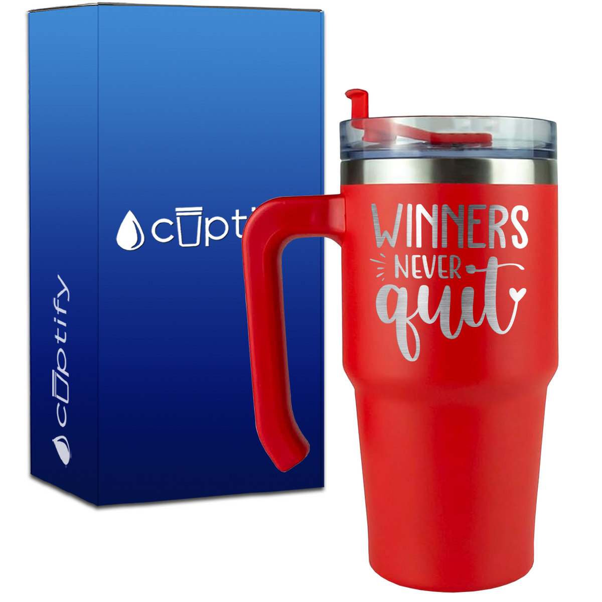 Winners Never Quit on 20oz Baseball Travel Mug