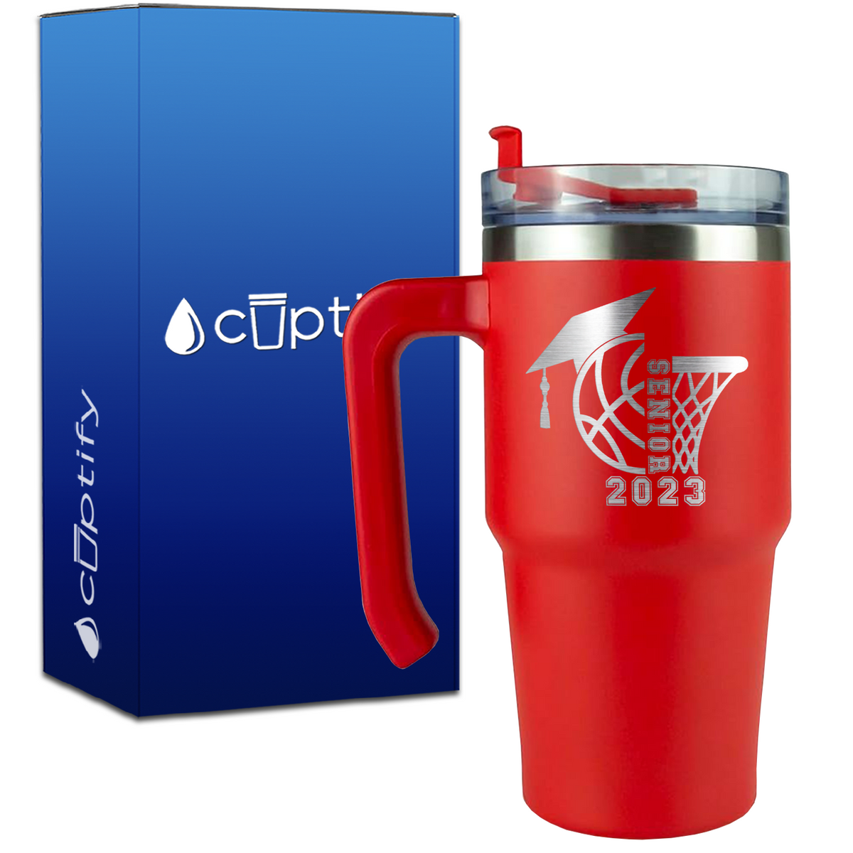 Basketball Senior with Grad Cap on 20oz Basketball Travel Mug