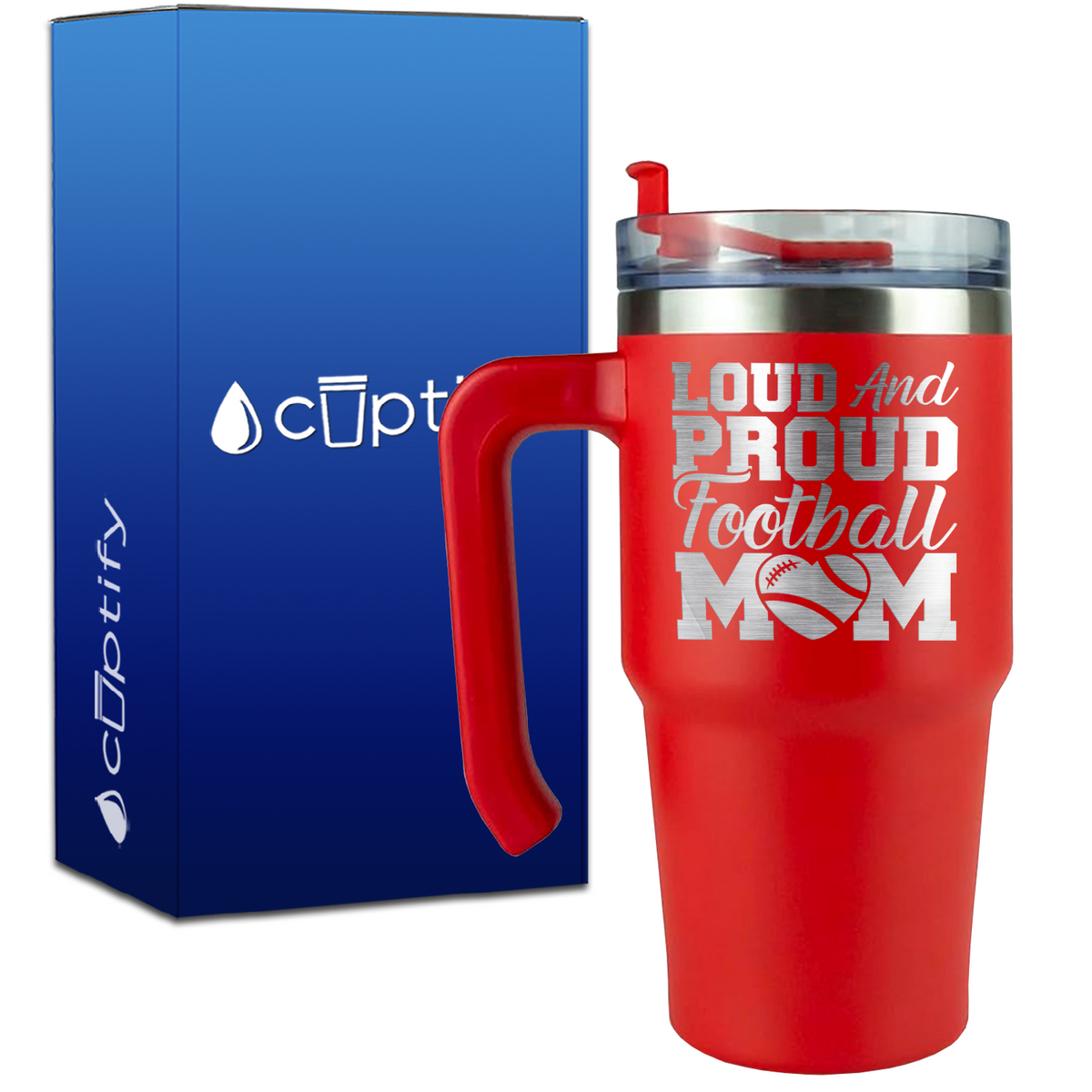 Loud and Proud Football Mom Heart on 20oz Football Travel Mug